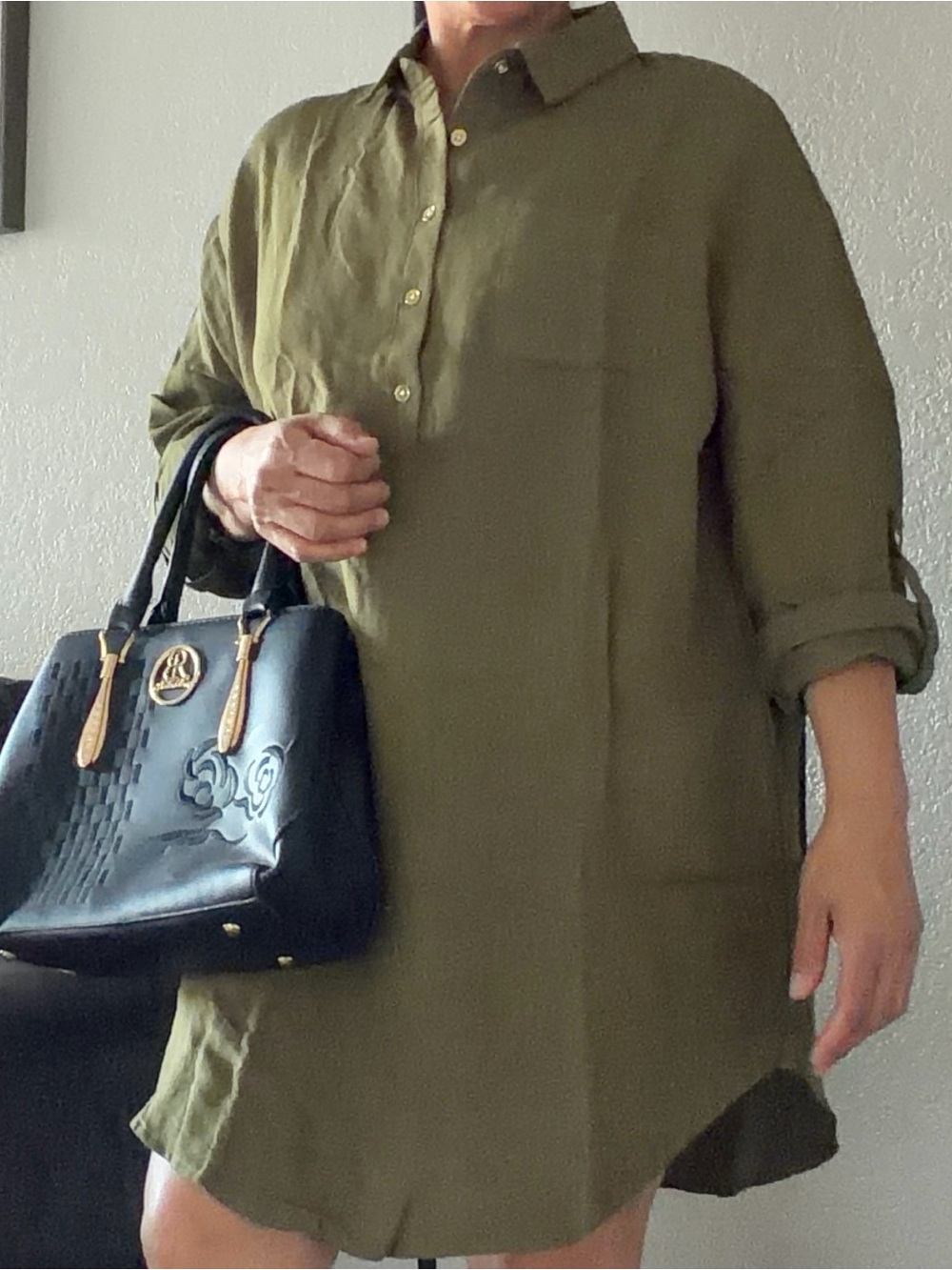 Olive Green Button-Front Tunic Shirt Dress